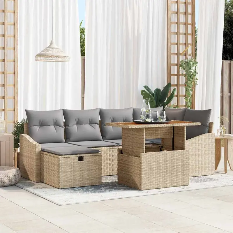 Conjunto de sofás de jardín 7 pcs Beige ratán sintético