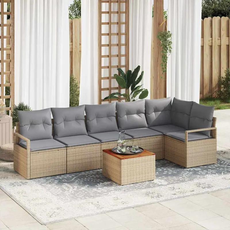 Conjunto de sofás de jardín 7 pcs Beige ratán sintético
