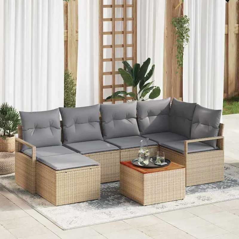 Conjunto de sofás de jardín 7 pcs Beige ratán sintético