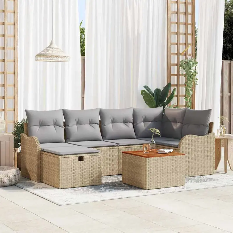 Conjunto de sofás de jardín 7 pcs Beige ratán sintético