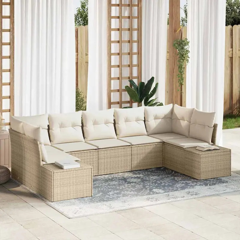 Conjunto de sofás de jardín 7 pcs Beige y Crema Poliratán