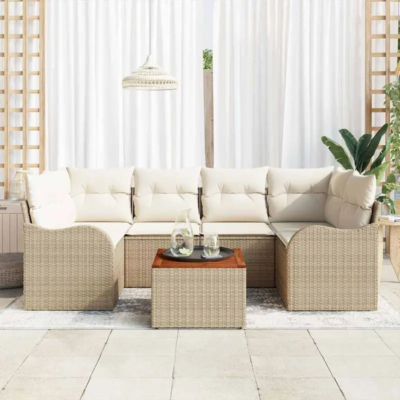 Conjunto de sofás de jardín 7 pcs Beige y Crema ratán sintético
