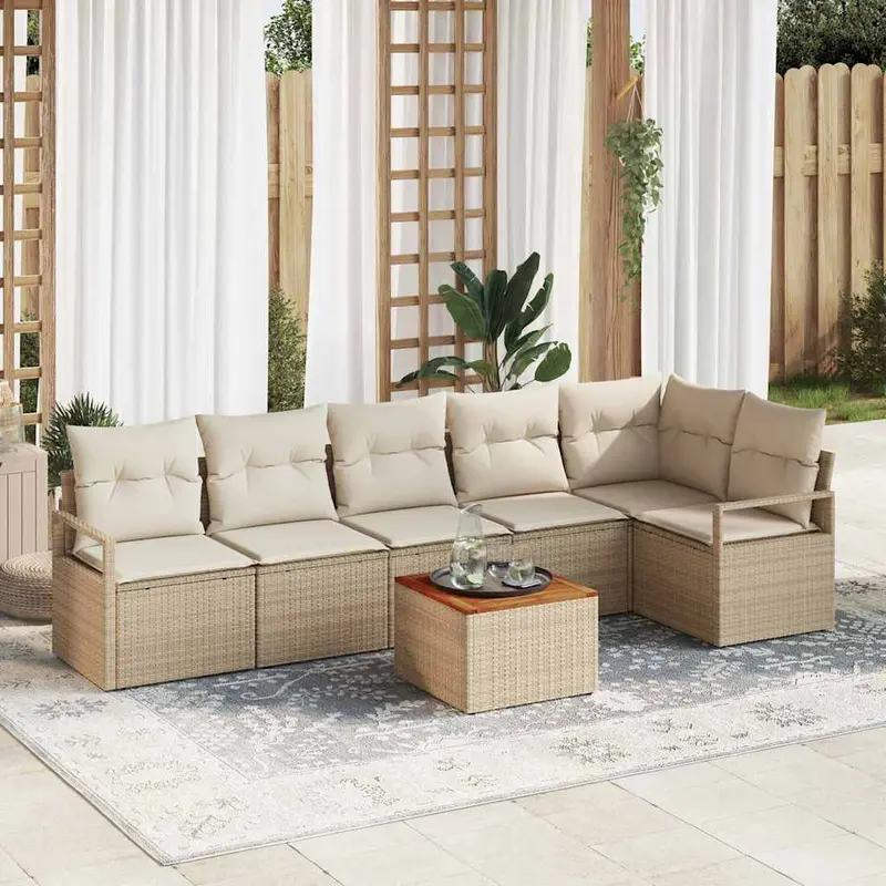 Conjunto de sofás de jardín 7 pcs Beige y Crema ratán sintético