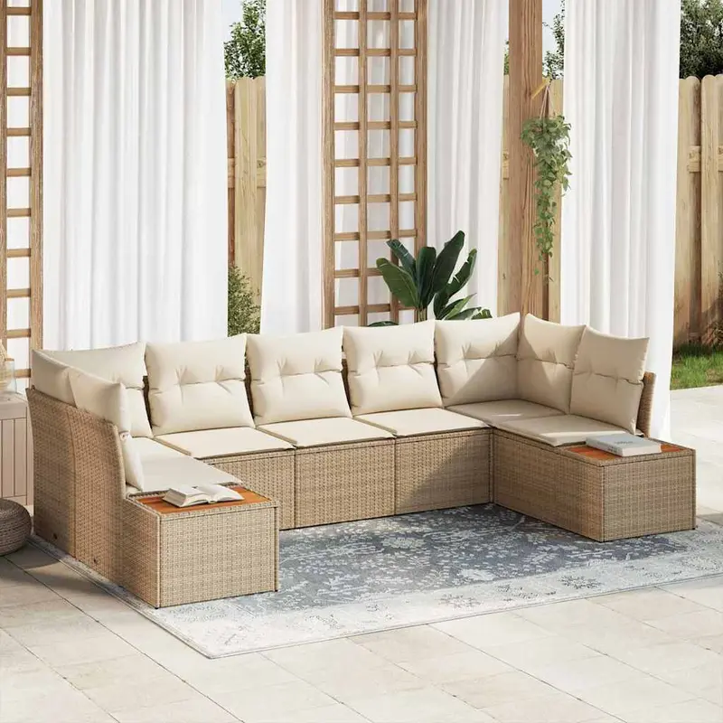 Conjunto de sofás de jardín 7 pcs Beige y Crema Ratán sintético
