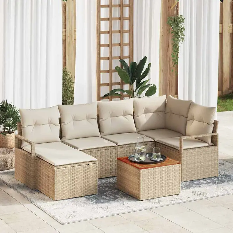 Conjunto de sofás de jardín 7 pcs Beige y Crema ratán sintético