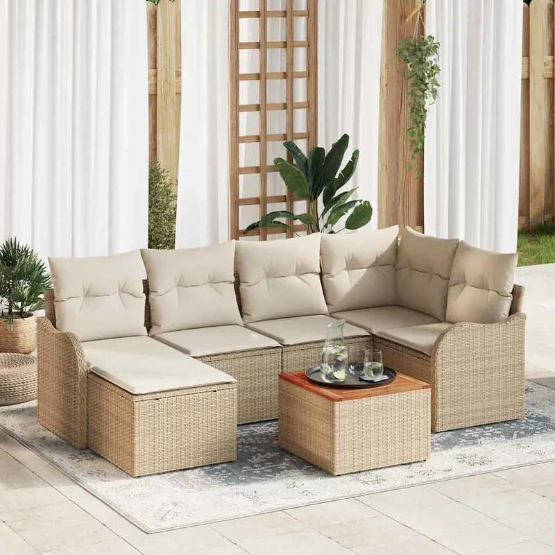 Conjunto de sofás de jardín 7 pcs Beige y Crema ratán sintético