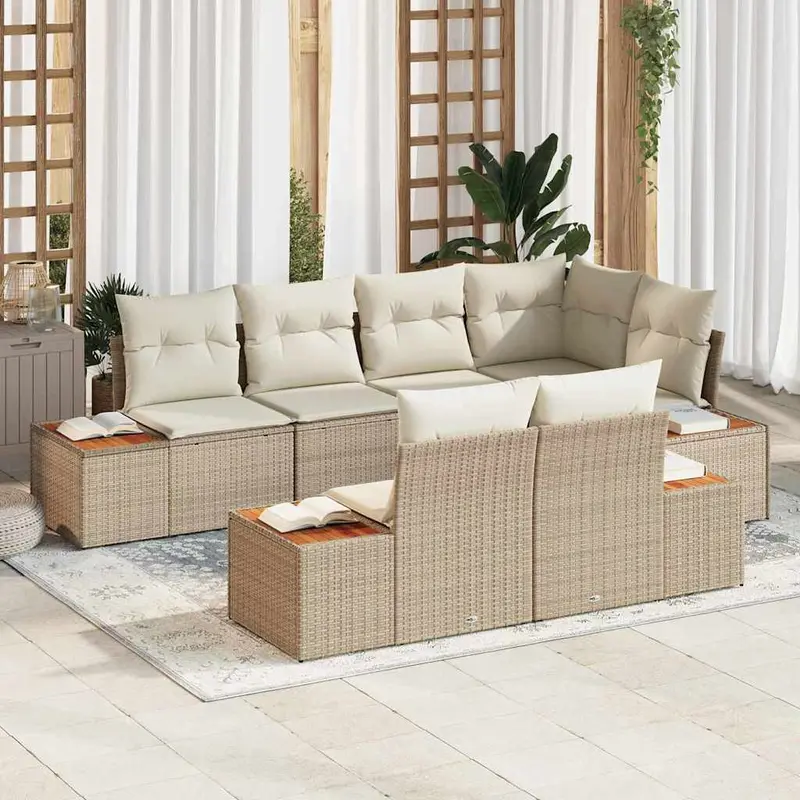 Conjunto de sofás de jardín 7 pcs Beige y Crema Ratán sintético