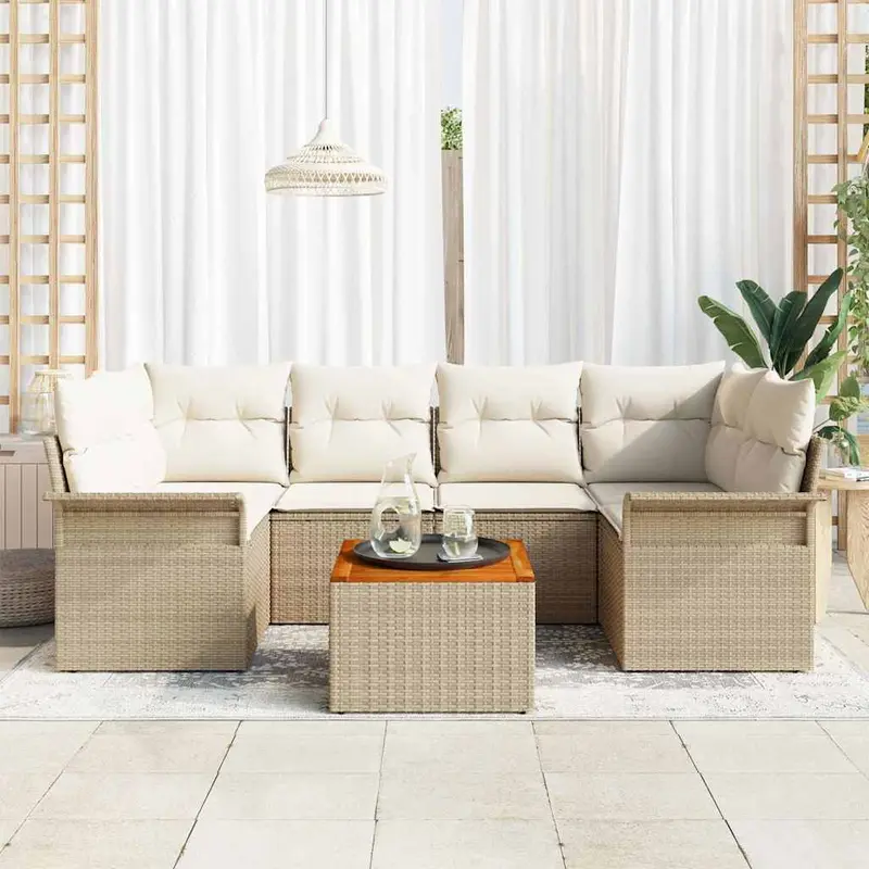 Conjunto de sofás de jardín 7 pcs Beige y Crema ratán sintético