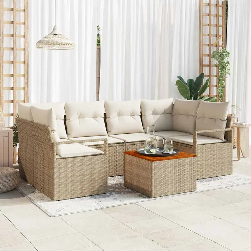 Conjunto de sofás de jardín 7 pcs Beige y Crema ratán sintético