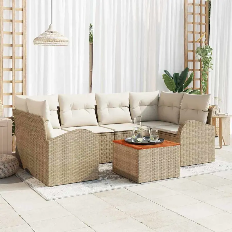 Conjunto de sofás de jardín 7 pcs Beige y Crema ratán sintético