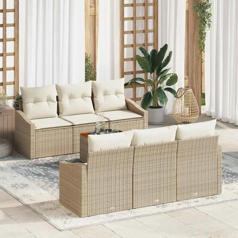 Conjunto de sofás de jardín 7 pcs Beige y Crema ratán sintético