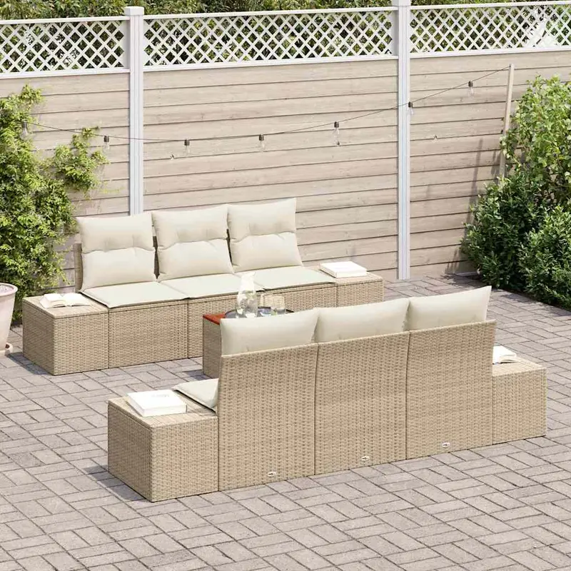 Conjunto de sofás de jardín 7 pcs Beige y Crema ratán sintético