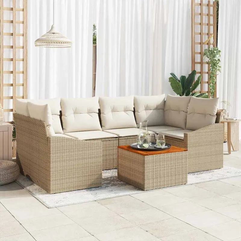 Conjunto de sofás de jardín 7 pcs Beige y Crema ratán sintético