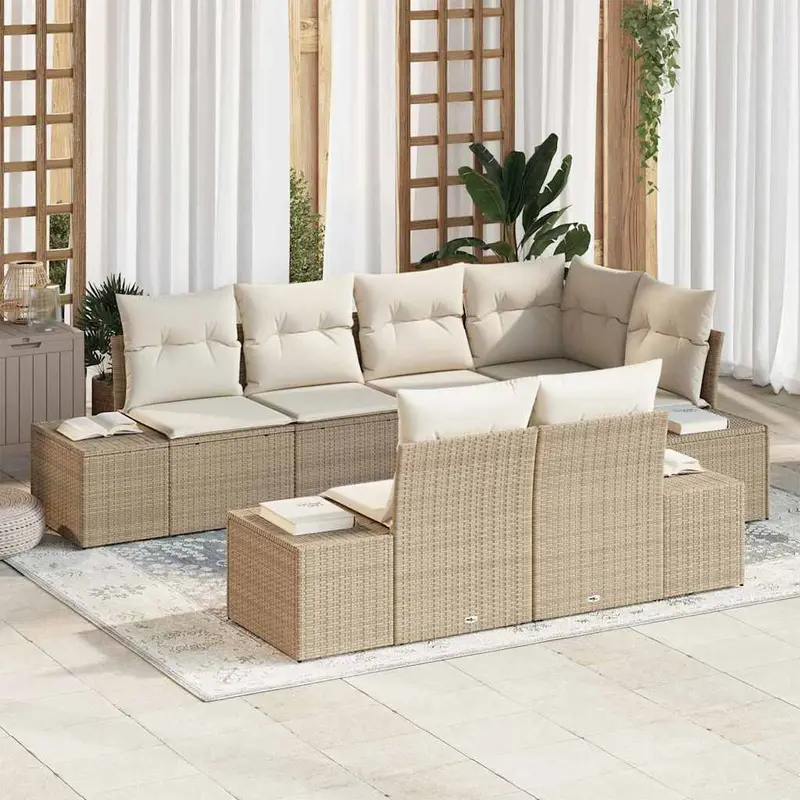 Conjunto de sofás de jardín 7 pcs Beige y Crema ratán sintético