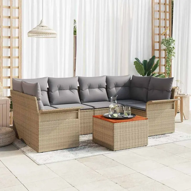 Conjunto de sofás de jardín 7 pcs Beige y Gris Claro