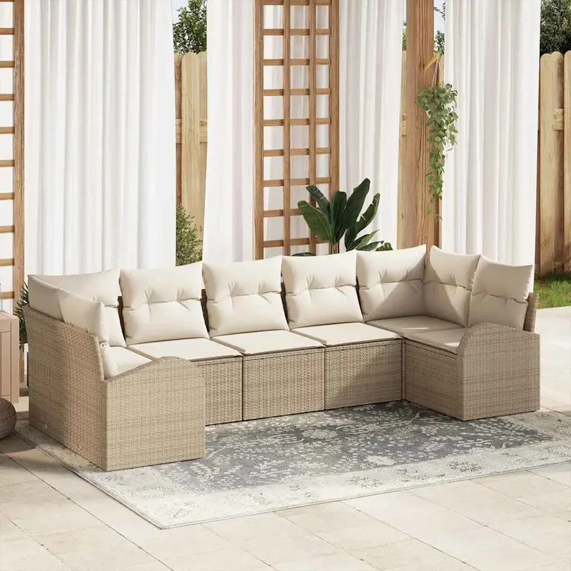 Conjunto de sofás de jardín 7 pcs Beige y ratán sintético