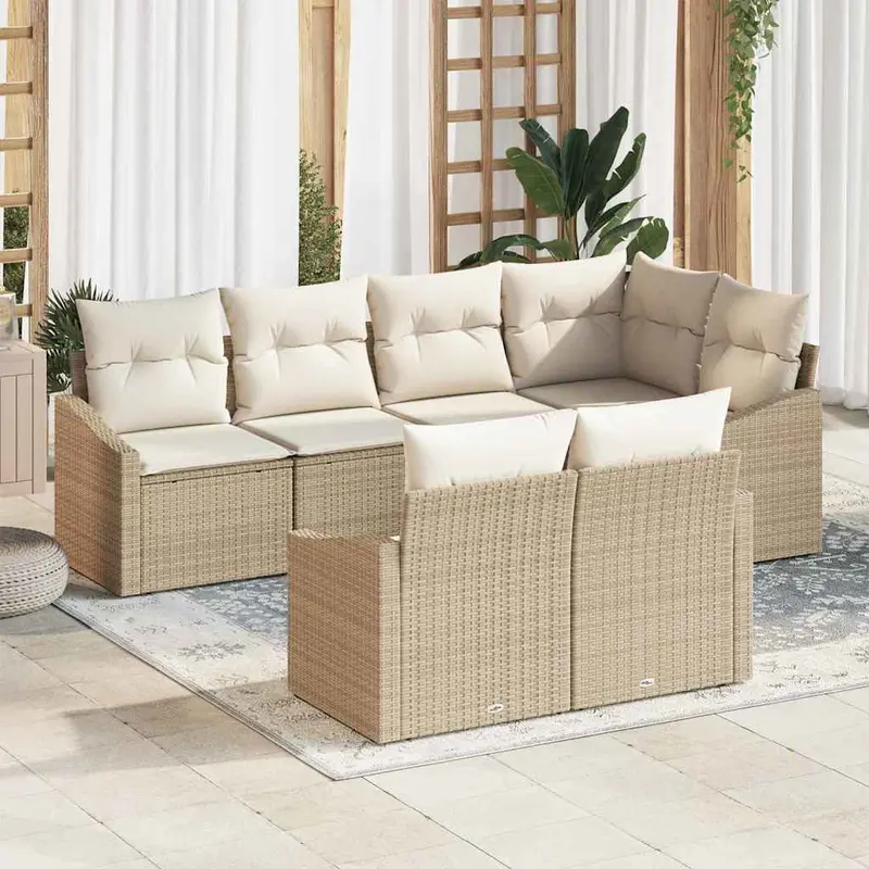 Conjunto de sofás de jardín 7 pcs Beige y ratán sintético