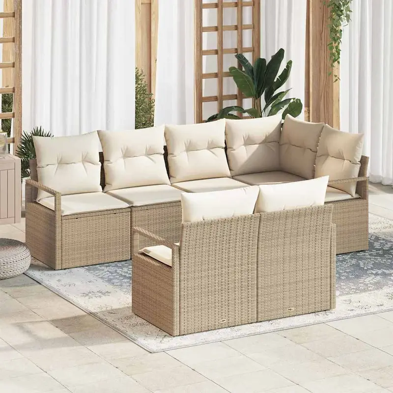 Conjunto de sofás de jardín 7 pcs Beige y ratán sintético