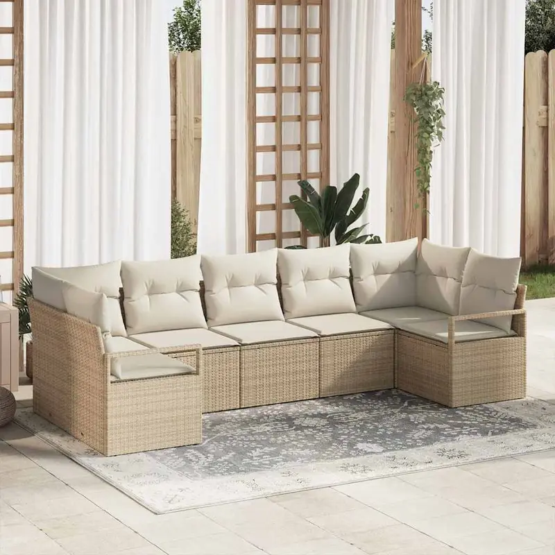 Conjunto de sofás de jardín 7 pcs Beige y ratán sintético