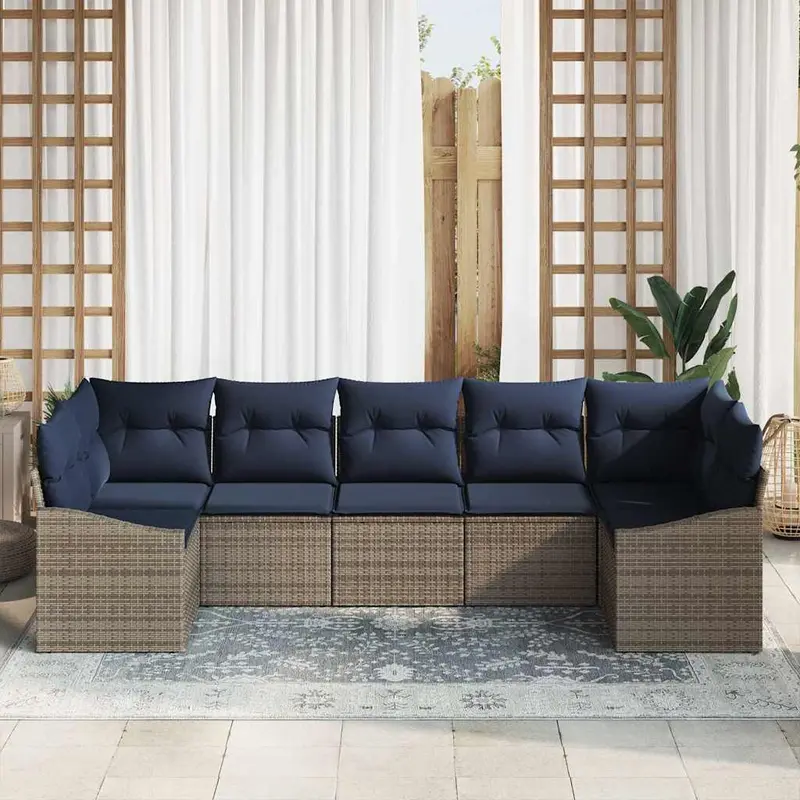 Conjunto de sofás de jardín 7 pcs Gris y azul marino