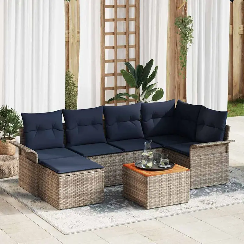 Conjunto de sofás de jardín 7 pcs Gris y azul marino