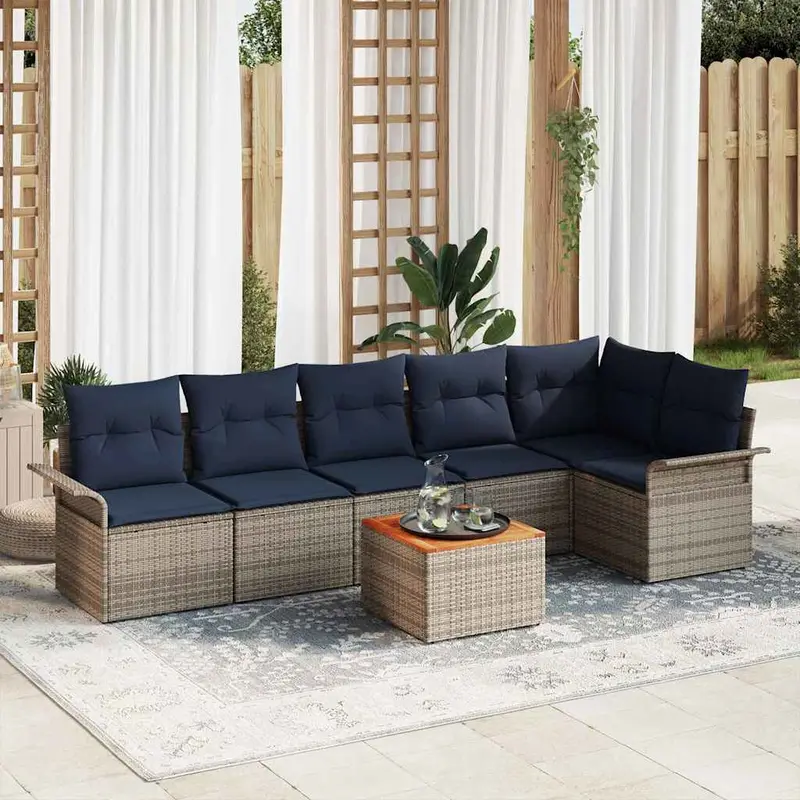 Conjunto de sofás de jardín 7 pcs Gris y azul marino