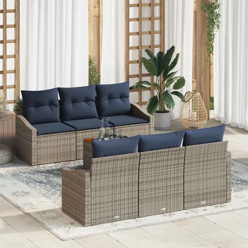 Conjunto de sofás de jardín 7 pcs Gris y azul marino