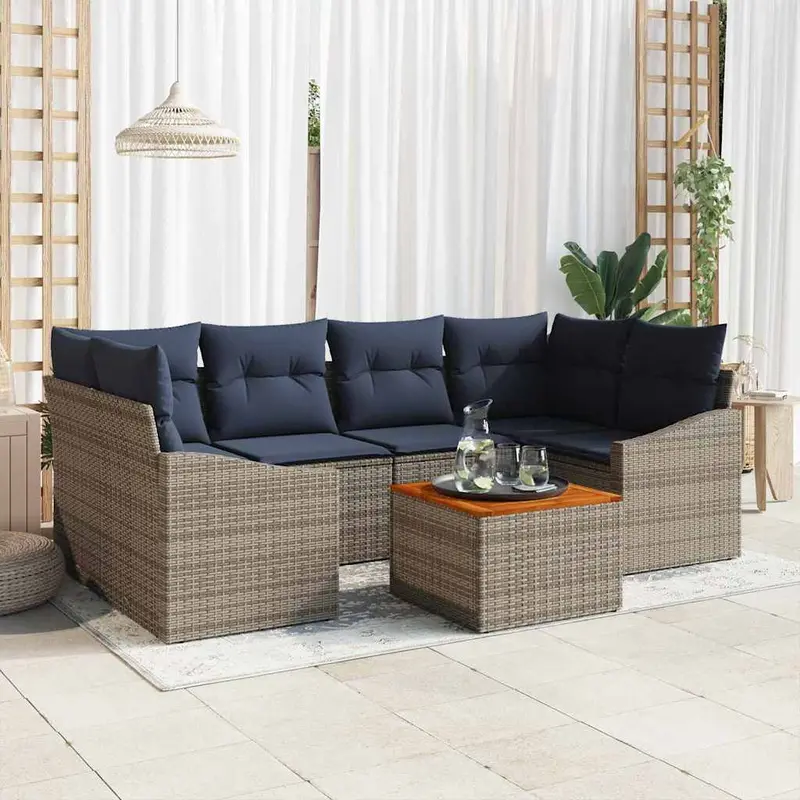 Conjunto de sofás de jardín 7 pcs Gris y azul marino