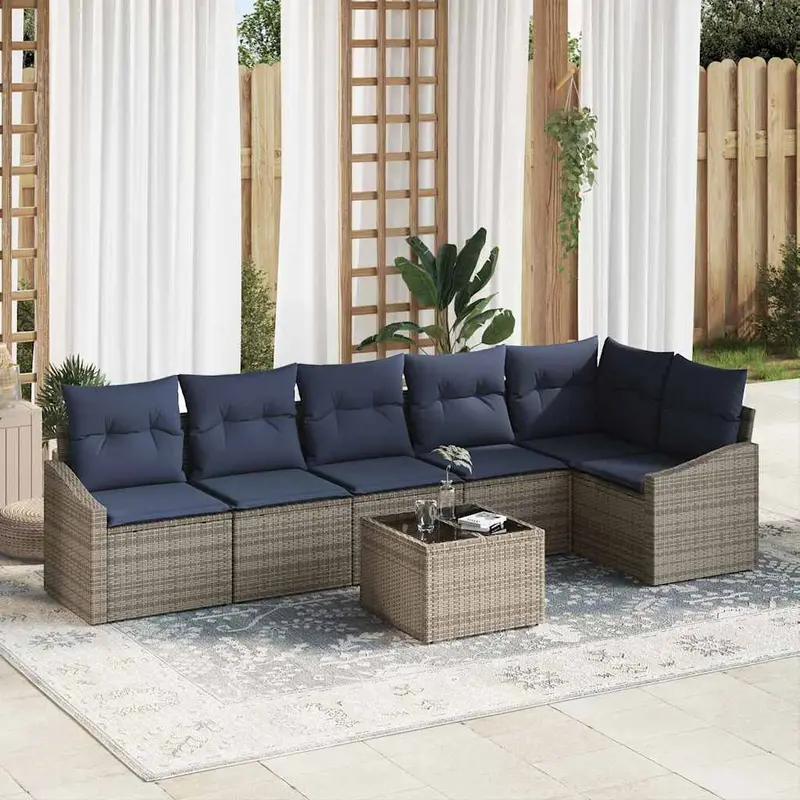 Conjunto de sofás de jardín 7 pcs Gris y marino ratán sintético
