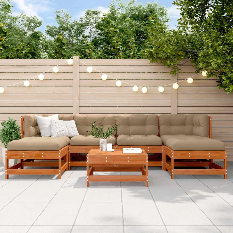 Conjunto de Sofás de Jardín 7 pcs Marrón Cera Pino macizo