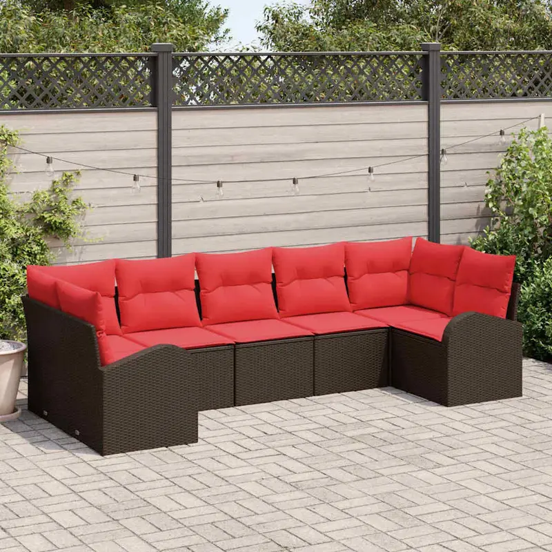 Conjunto de sofás de jardín 7 pcs Marrón y Rojo ratán sintético