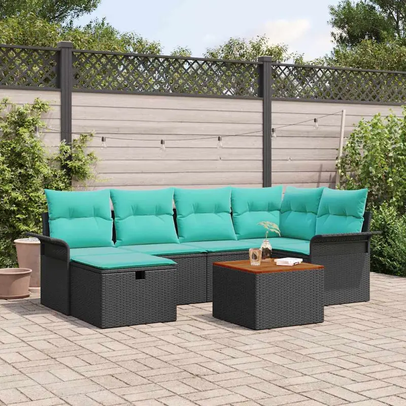 Conjunto de sofás de jardín 7 pcs Negro ratán sintético
