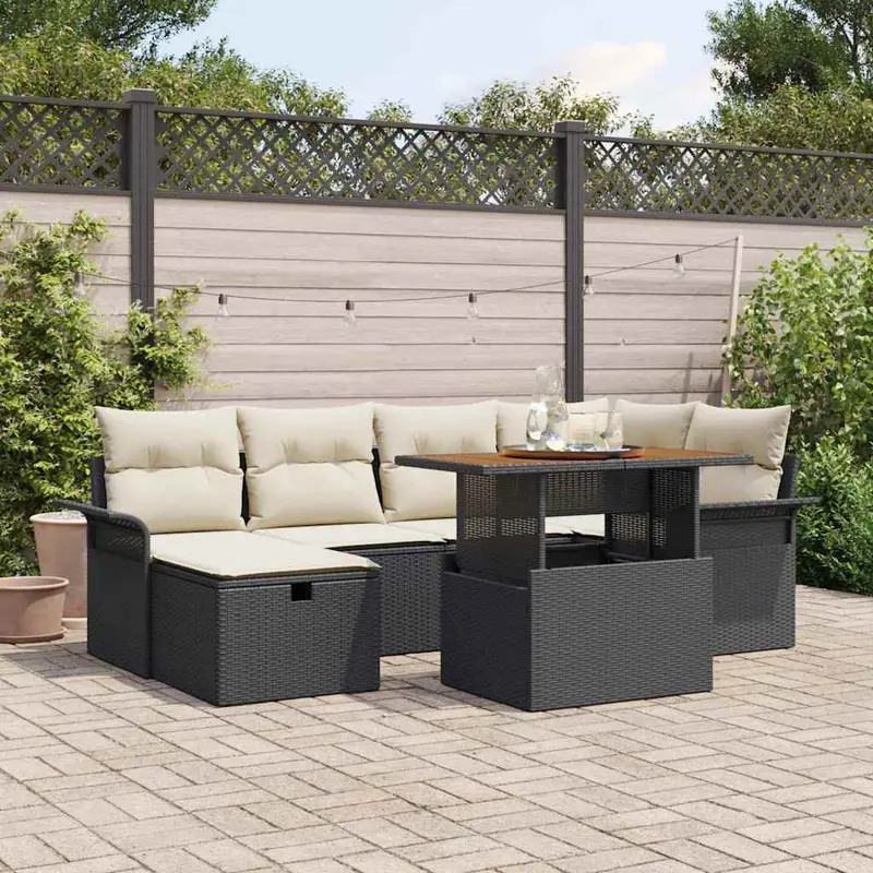 Conjunto de sofás de jardín 7 pcs Negro ratán sintético
