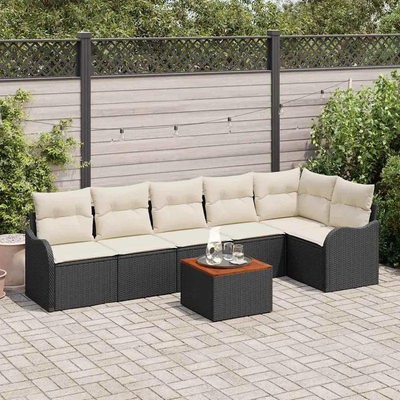 Conjunto de sofás de jardín 7 pcs Negro ratán sintético