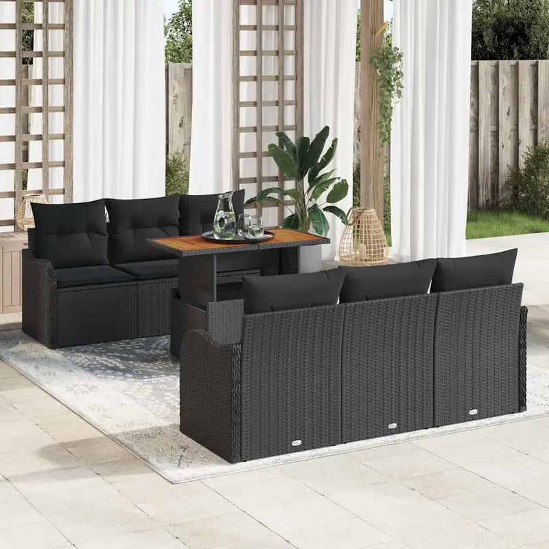 Conjunto de sofás de jardín 7 pcs Negro ratán sintético