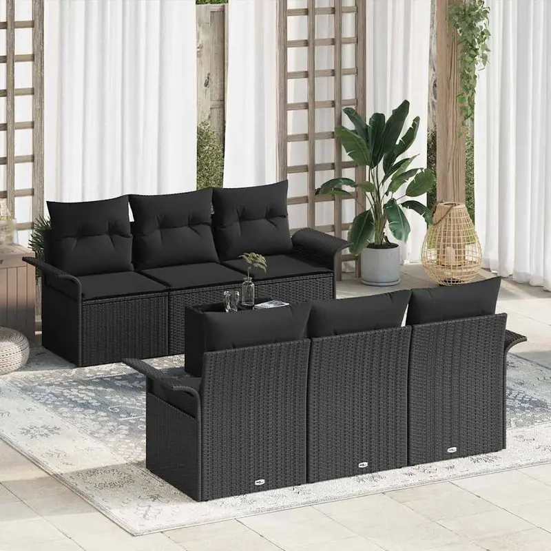 Conjunto de sofás de jardín 7 pcs Negro ratán sintético