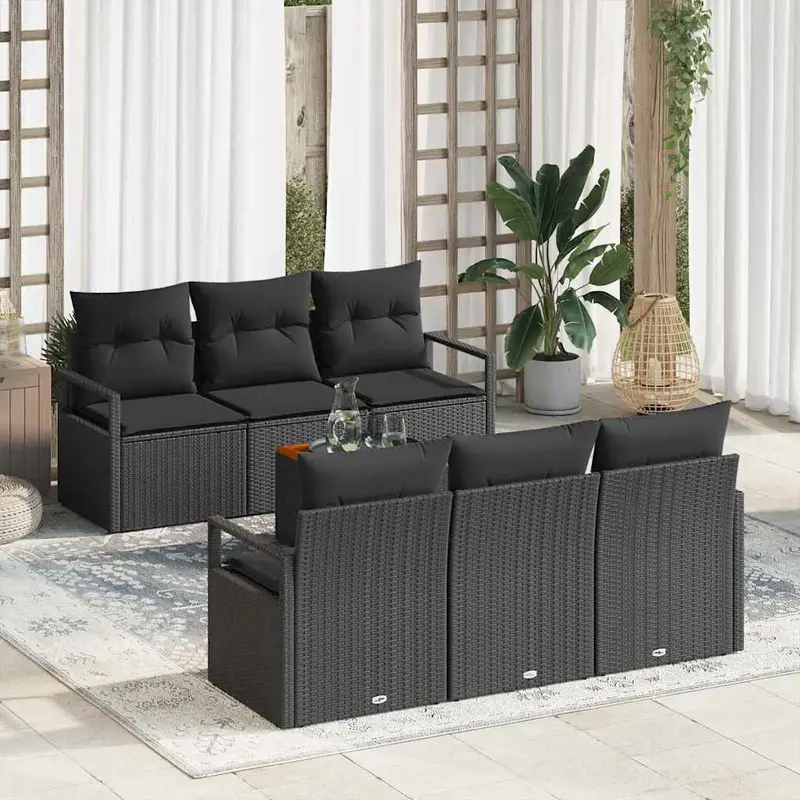 Conjunto de sofás de jardín 7 pcs Negro ratán sintético