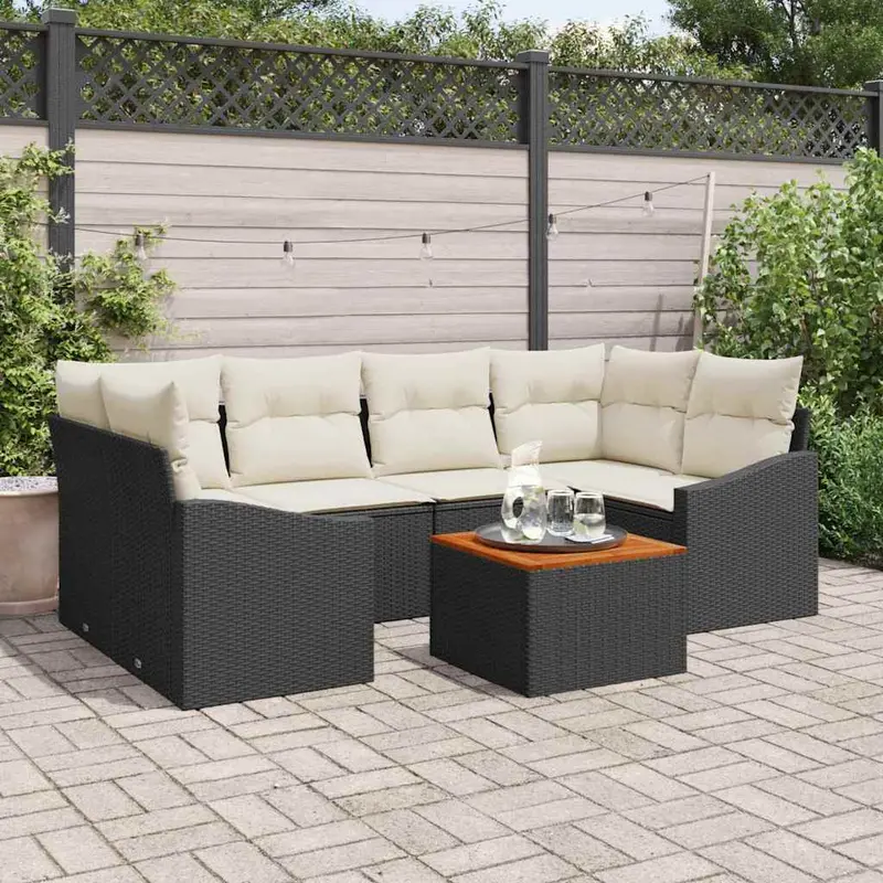 Conjunto de sofás de jardín 7 pcs Negro ratán sintético