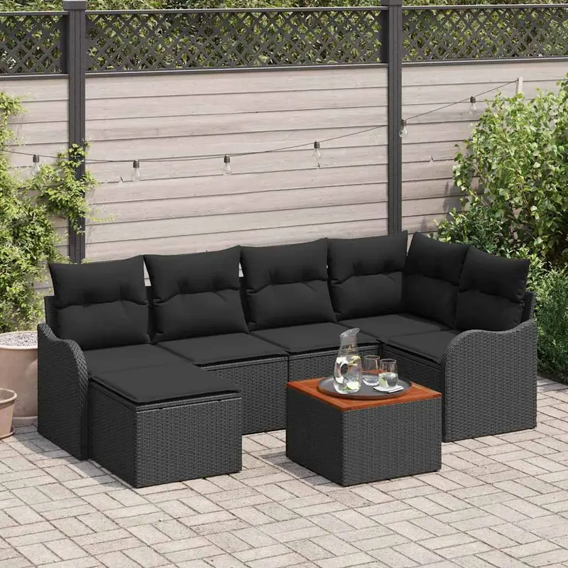 Conjunto de sofás de jardín 7 pcs Negro ratán sintético