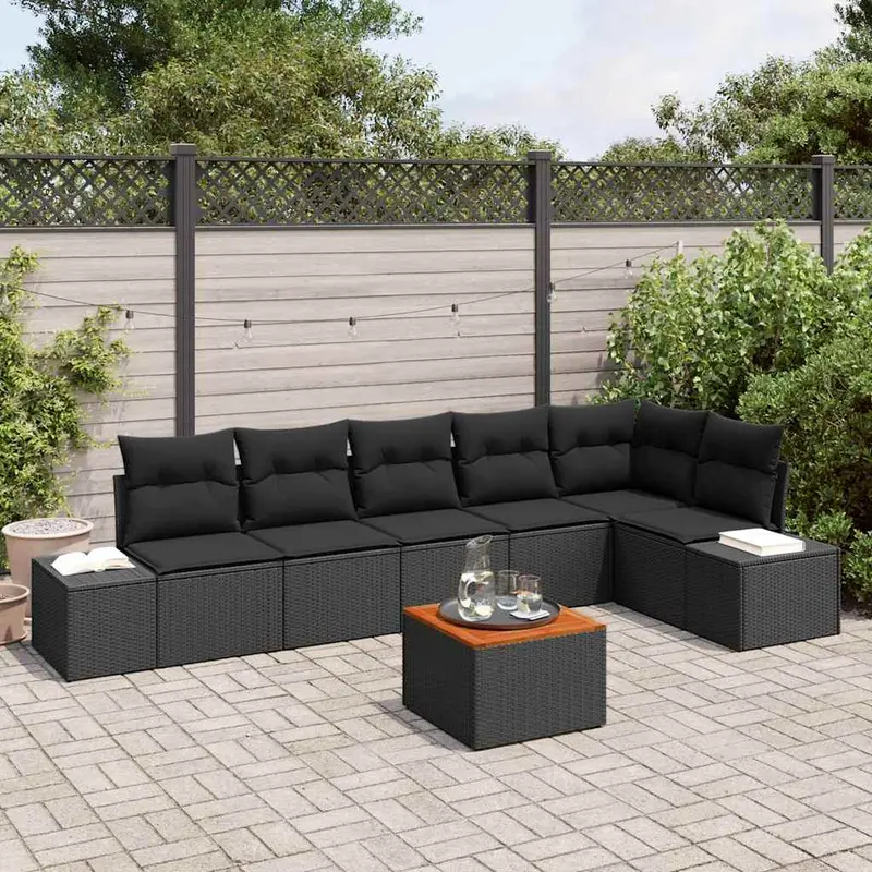 Conjunto de sofás de jardín 7 pcs Negro ratán sintético