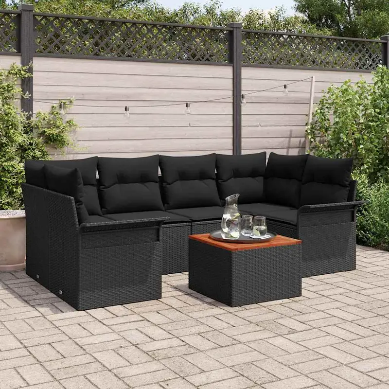 Conjunto de sofás de jardín 7 pcs Negro ratán sintético