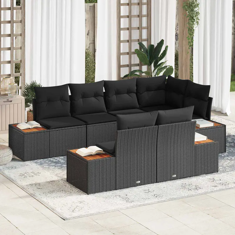 Conjunto de sofás de jardín 7 pcs Negro Ratán sintético
