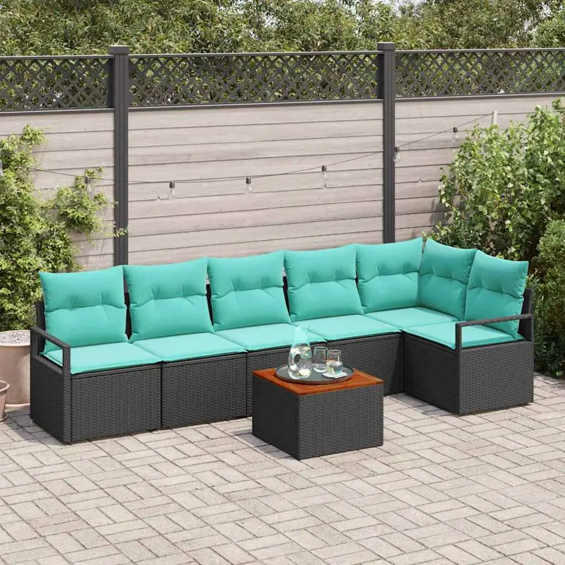 Conjunto de sofás de jardín 7 pcs Negro ratán sintético