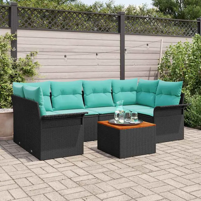 Conjunto de sofás de jardín 7 pcs Negro ratán sintético