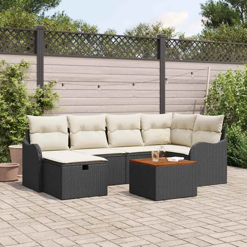 Conjunto de sofás de jardín 7 pcs Negro ratán sintético