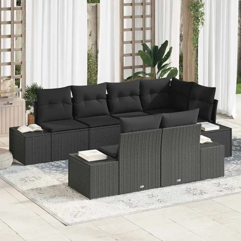 Conjunto de sofás de jardín 7 pcs Negro ratán sintético