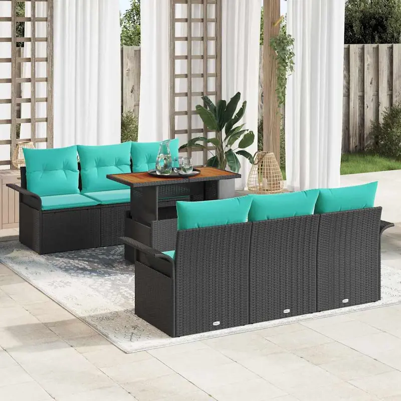 Conjunto de sofás de jardín 7 pcs Negro y azul ratán sintético