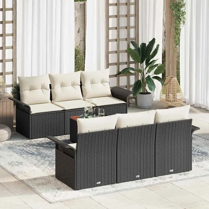 Conjunto de sofás de jardín 7 pcs Negro y crema ratán sintético