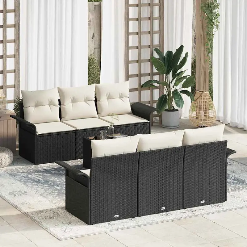 Conjunto de sofás de jardín 7 pcs Negro y crema ratán sintético