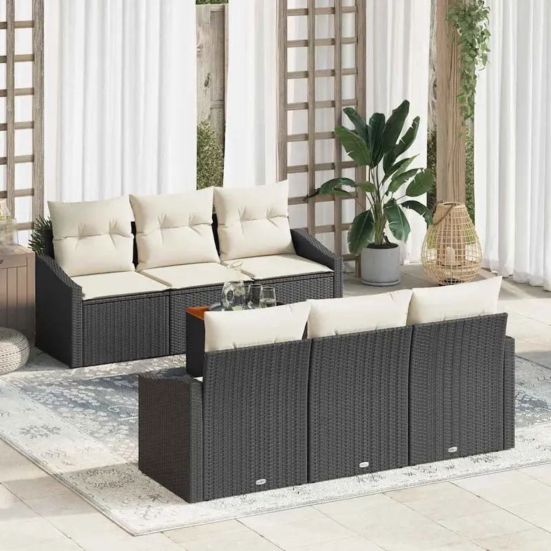 Conjunto de sofás de jardín 7 pcs Negro y crema ratán sintético
